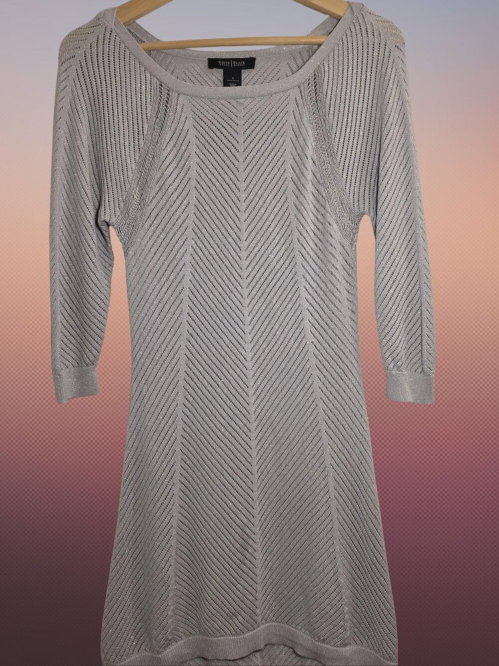 White House Black Market Gray Silver Knit Sweater Dress, Chevron Pattern